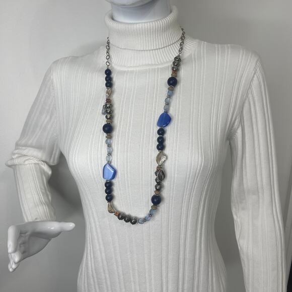 Chico's signed necklace long chunky chain link natural neutral blue tan boho - Picture 1 of 12